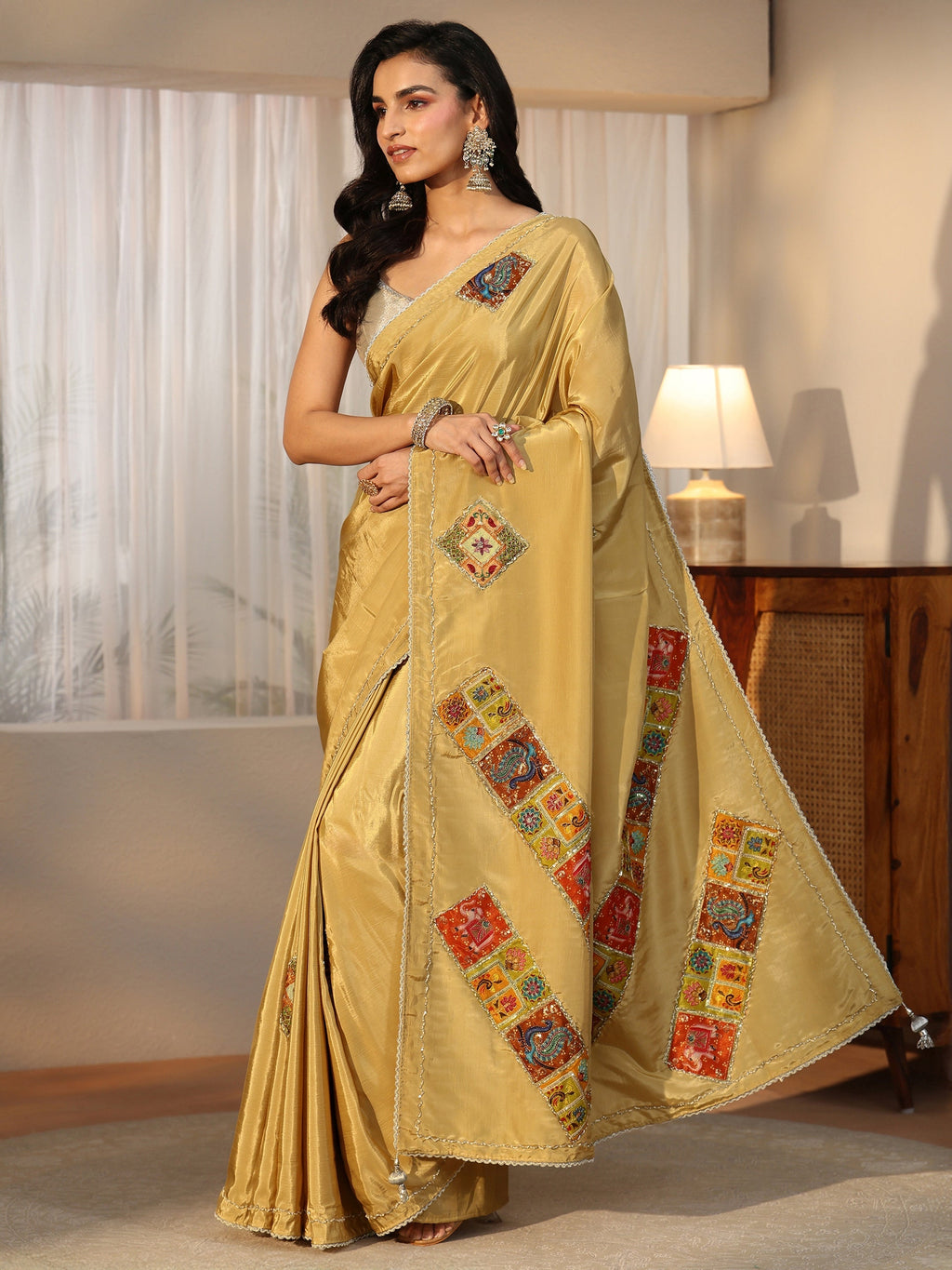 Antique Yellow Satin Saree with Applique Design