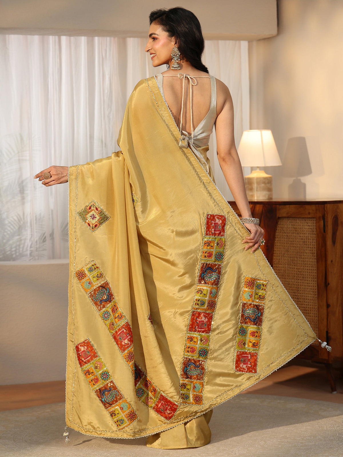 Antique Yellow Satin Saree with Applique Design