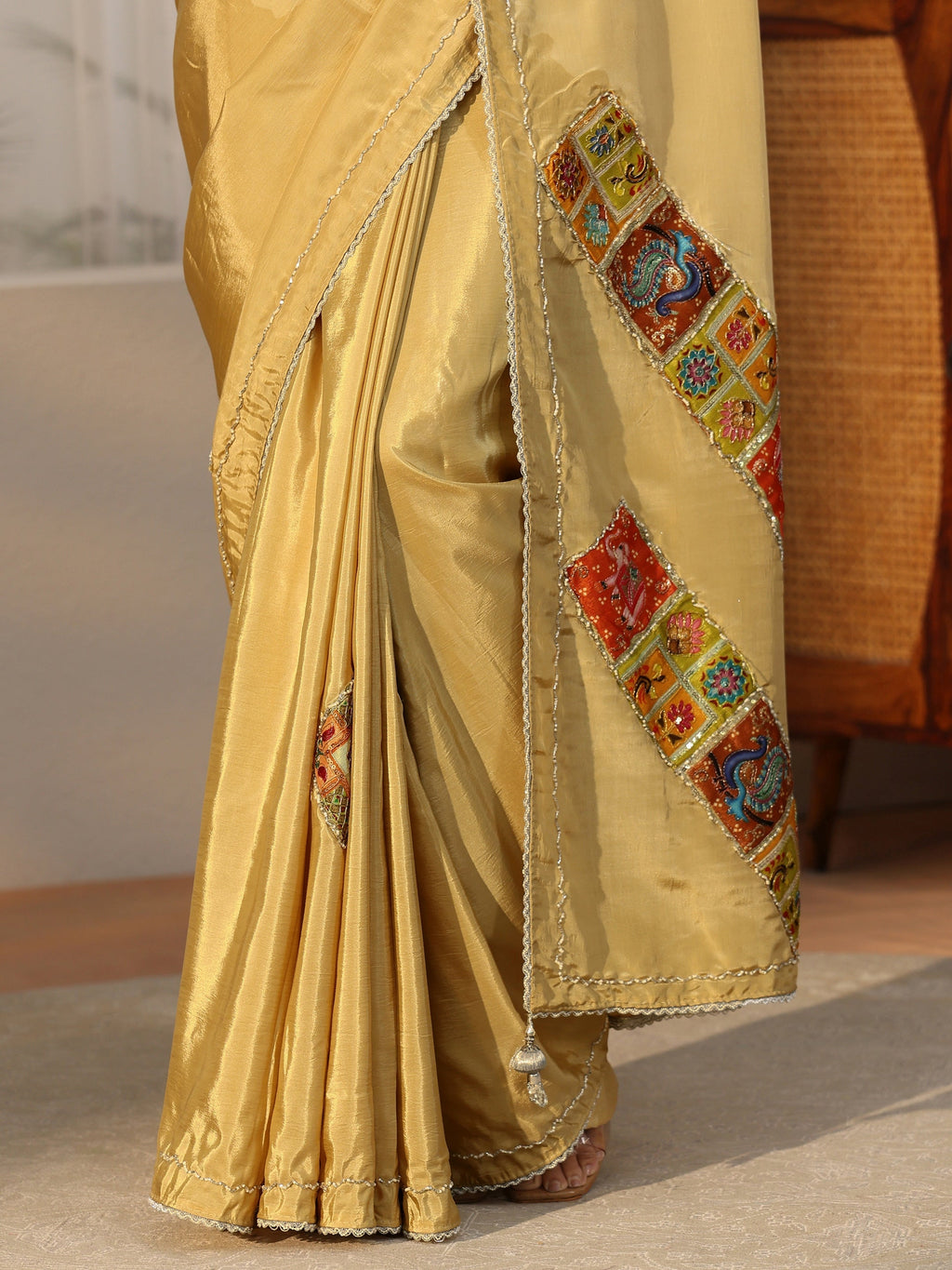 Antique Yellow Satin Saree with Applique Design