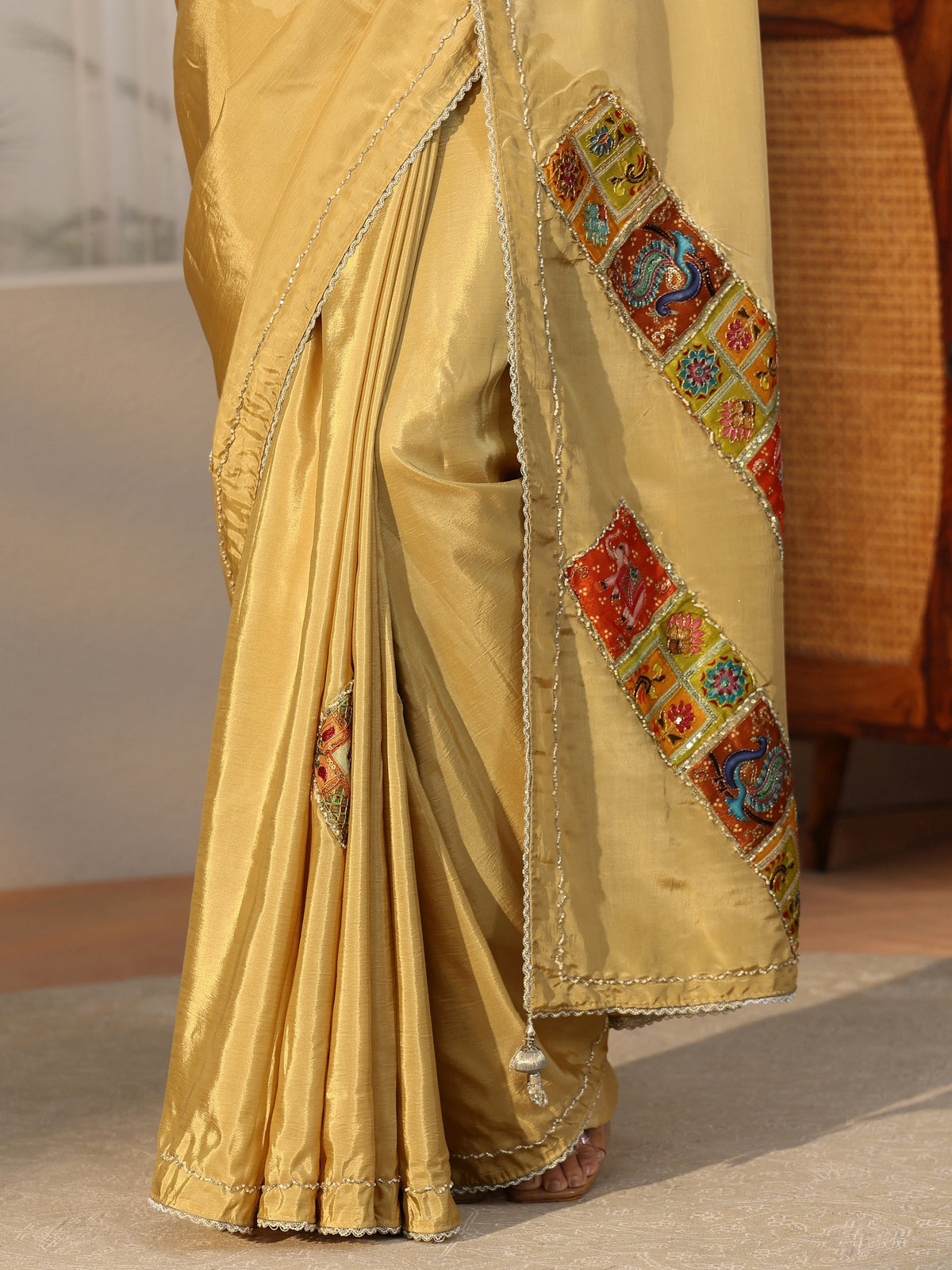 Antique Yellow Satin Saree with Applique Design