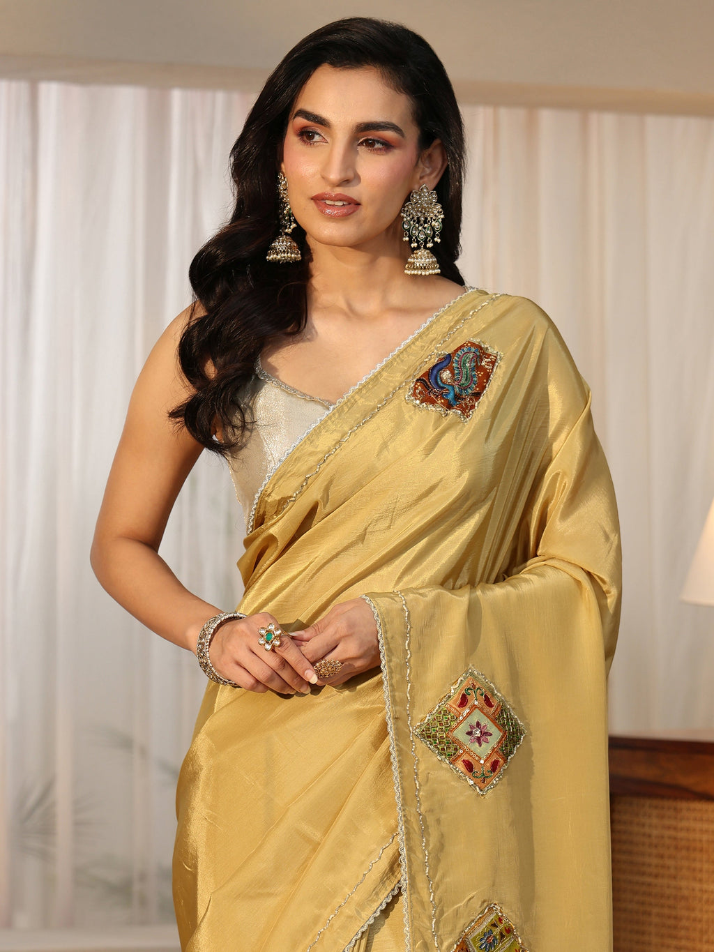 Antique Yellow Satin Saree with Applique Design