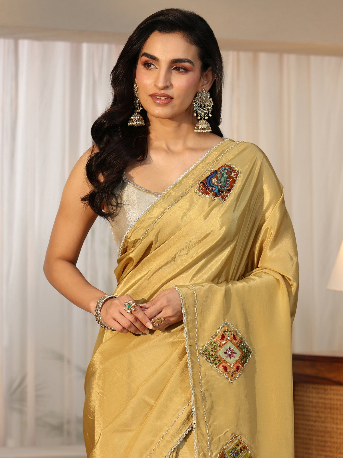 Antique Yellow Satin Saree with Applique Design
