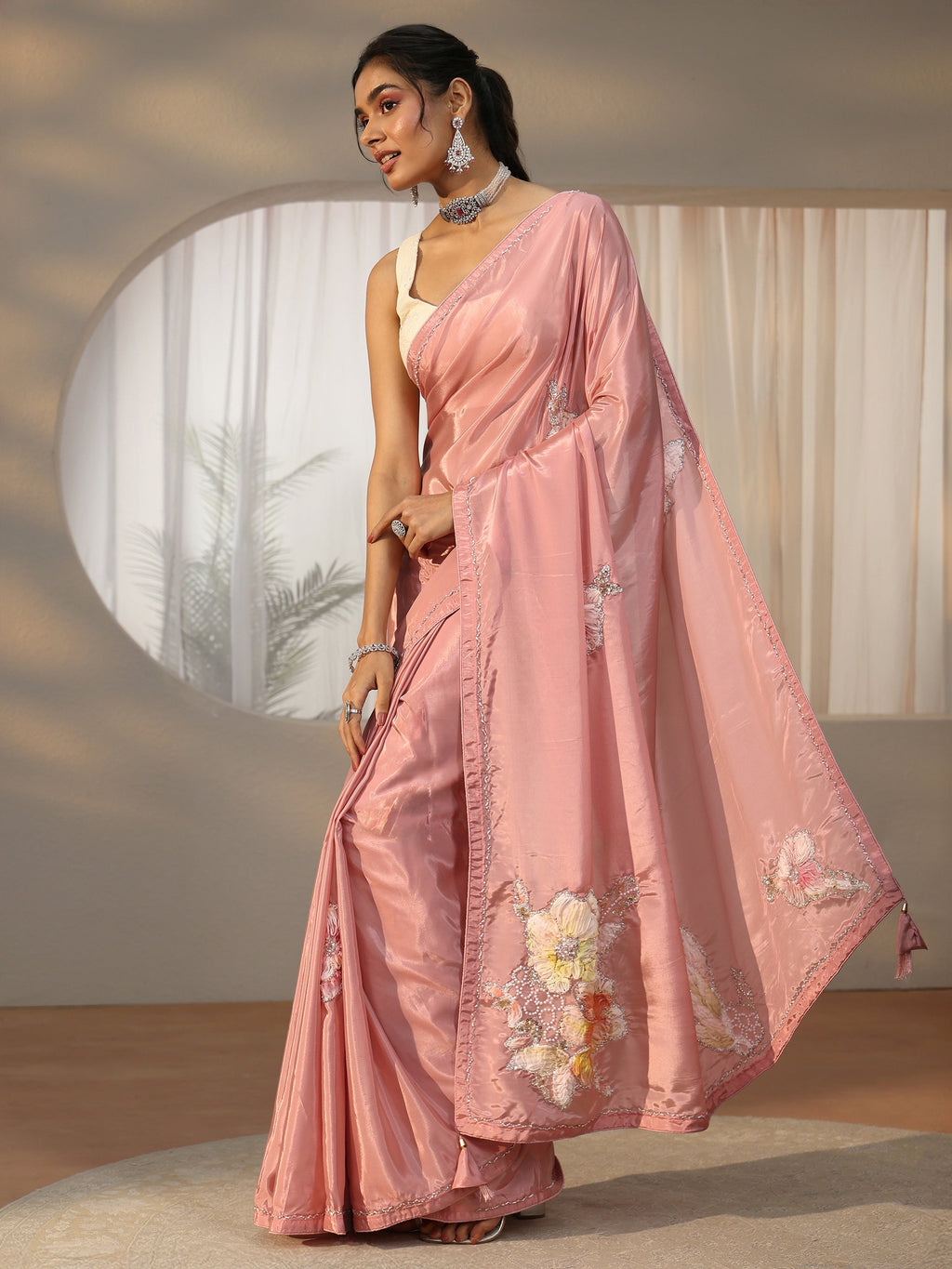 Rose Pink Floral Applique Design Satin Saree