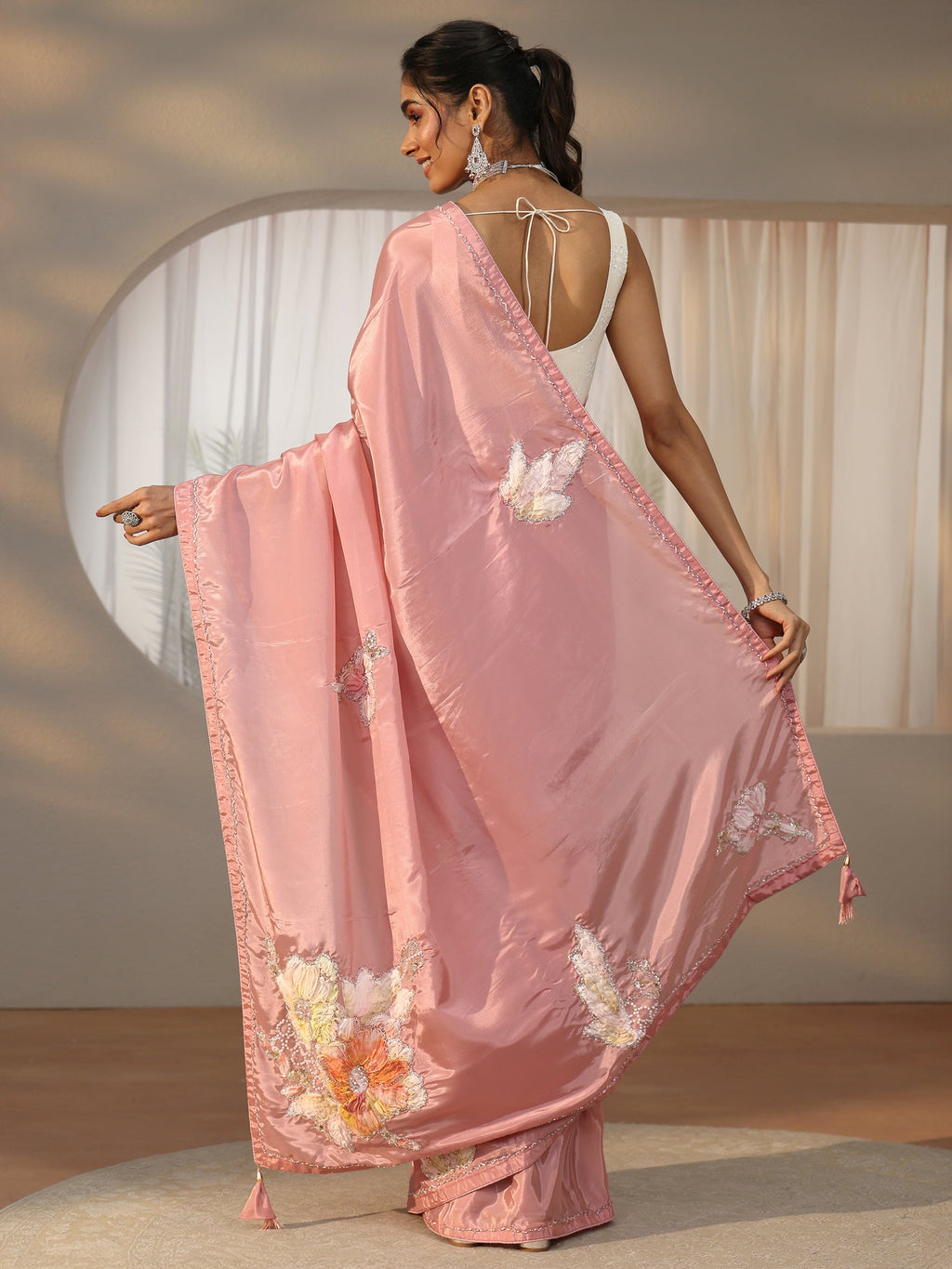 Rose Pink Floral Applique Design Satin Saree