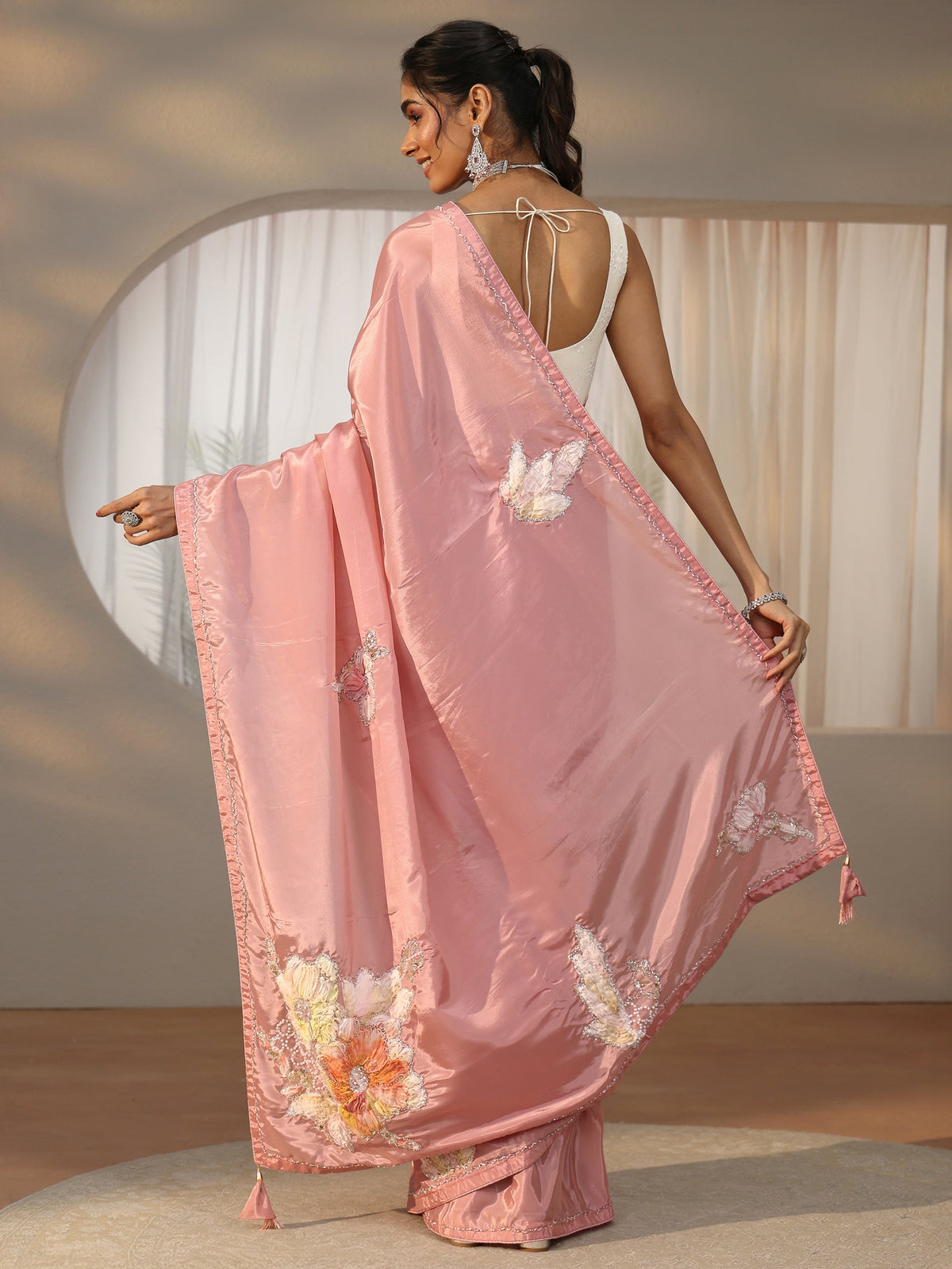 Rose Pink Floral Applique Design Satin Saree