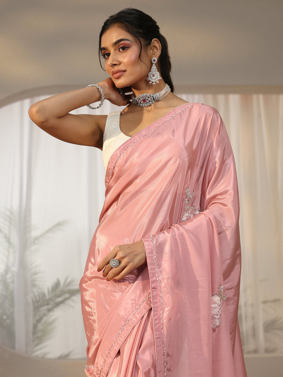 Rose Pink Floral Applique Design Satin Saree