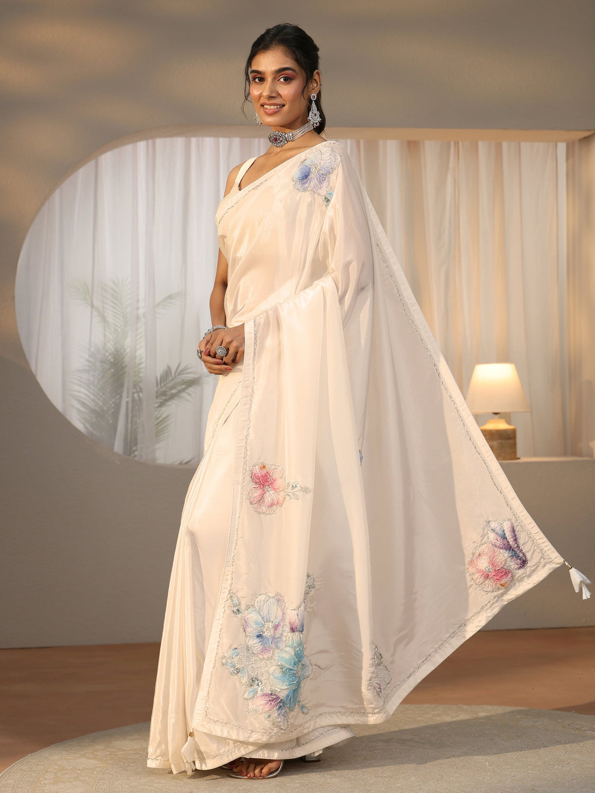 Cream Floral Applique Design Satin Saree