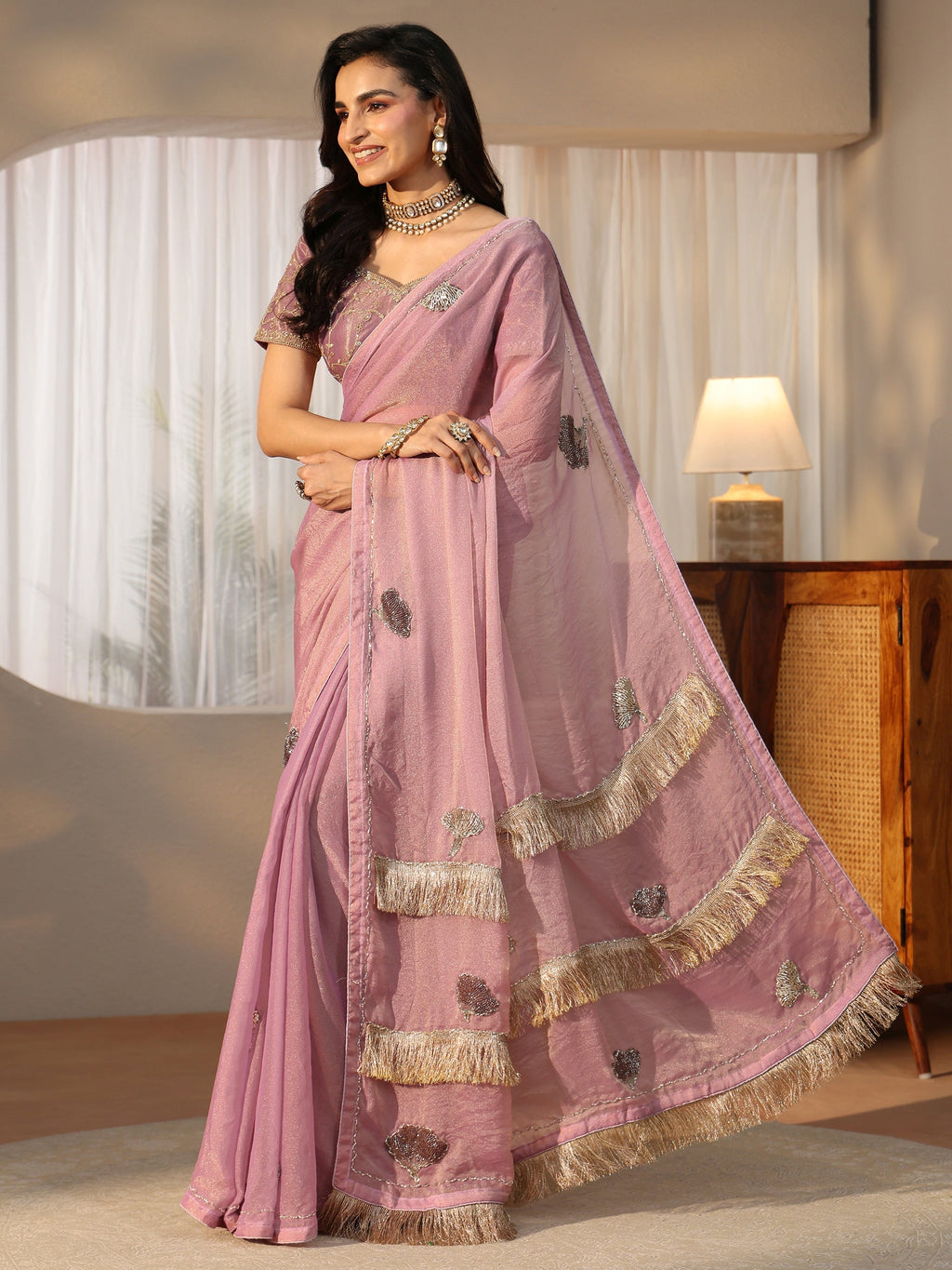 Lilac Tissue Saree with Tassel Embellished Pallu