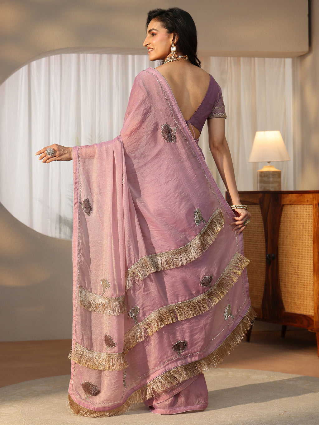 Lilac Tissue Saree with Tassel Embellished Pallu