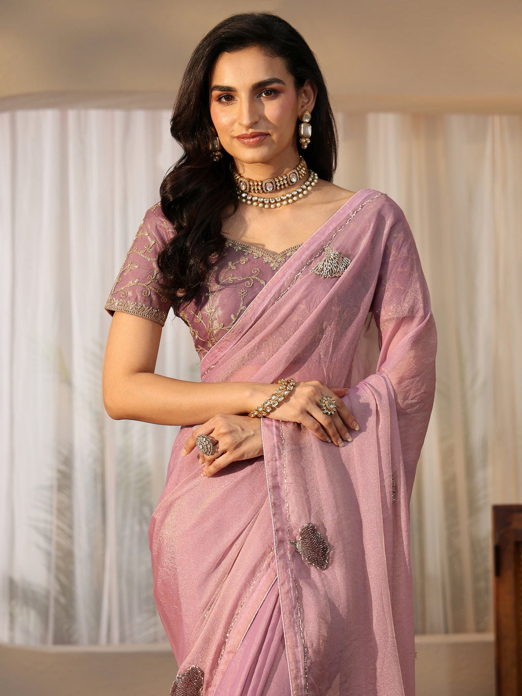 Lilac Tissue Saree with Tassel Embellished Pallu