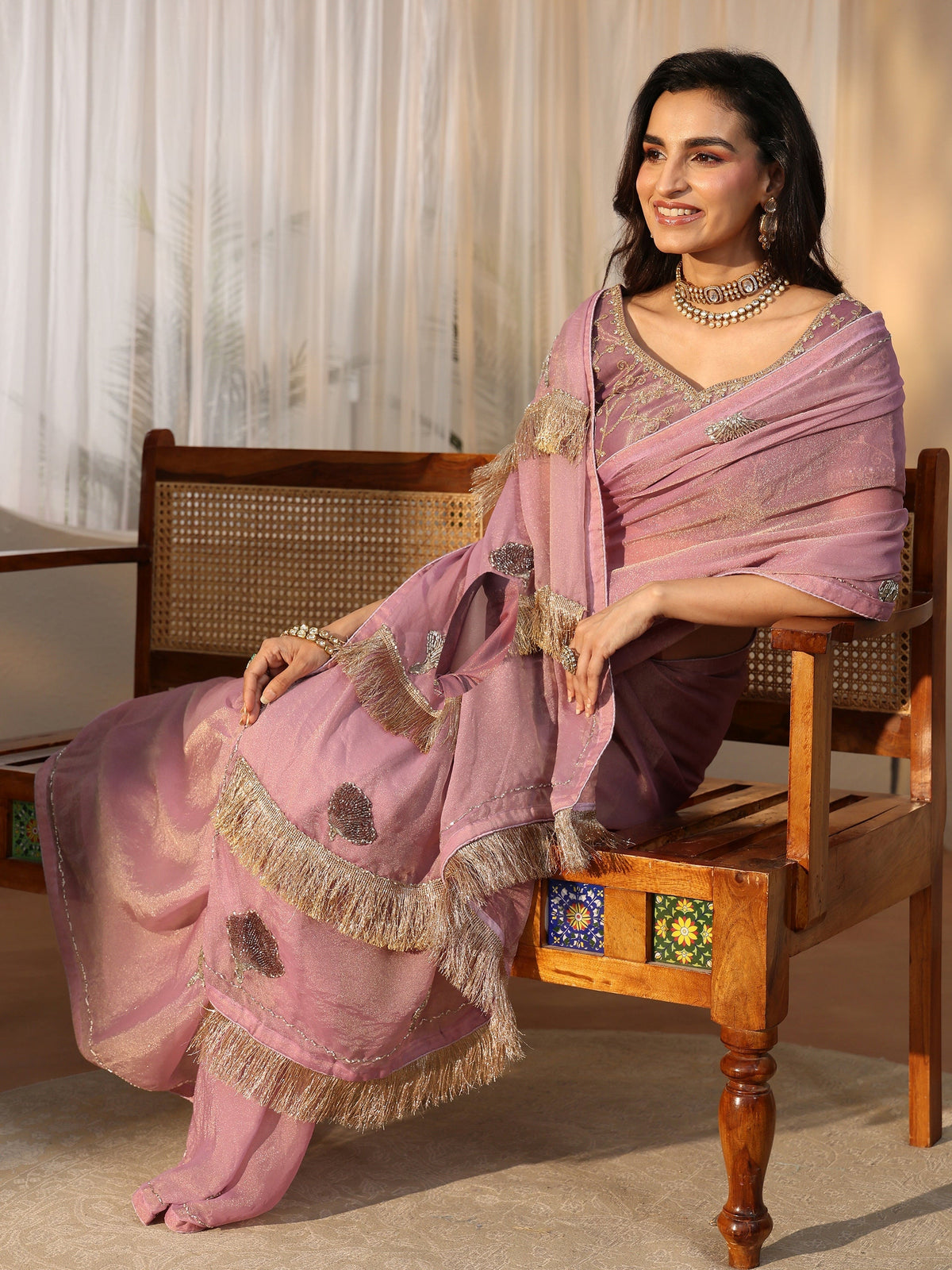 Lilac Tissue Saree with Tassel Embellished Pallu