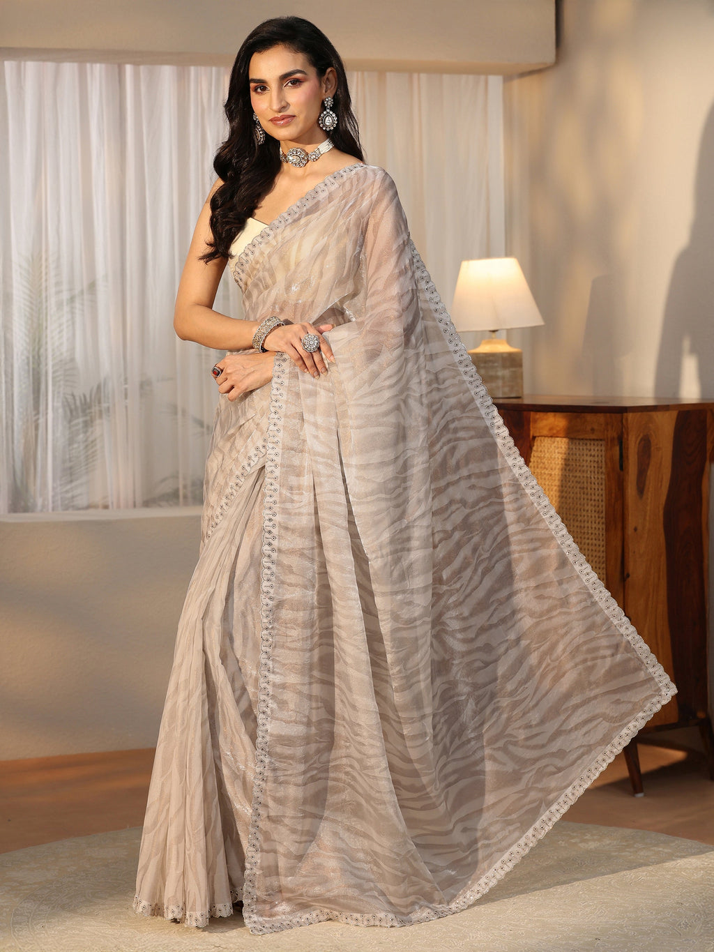 Off White Wavy Textured Tissue Saree