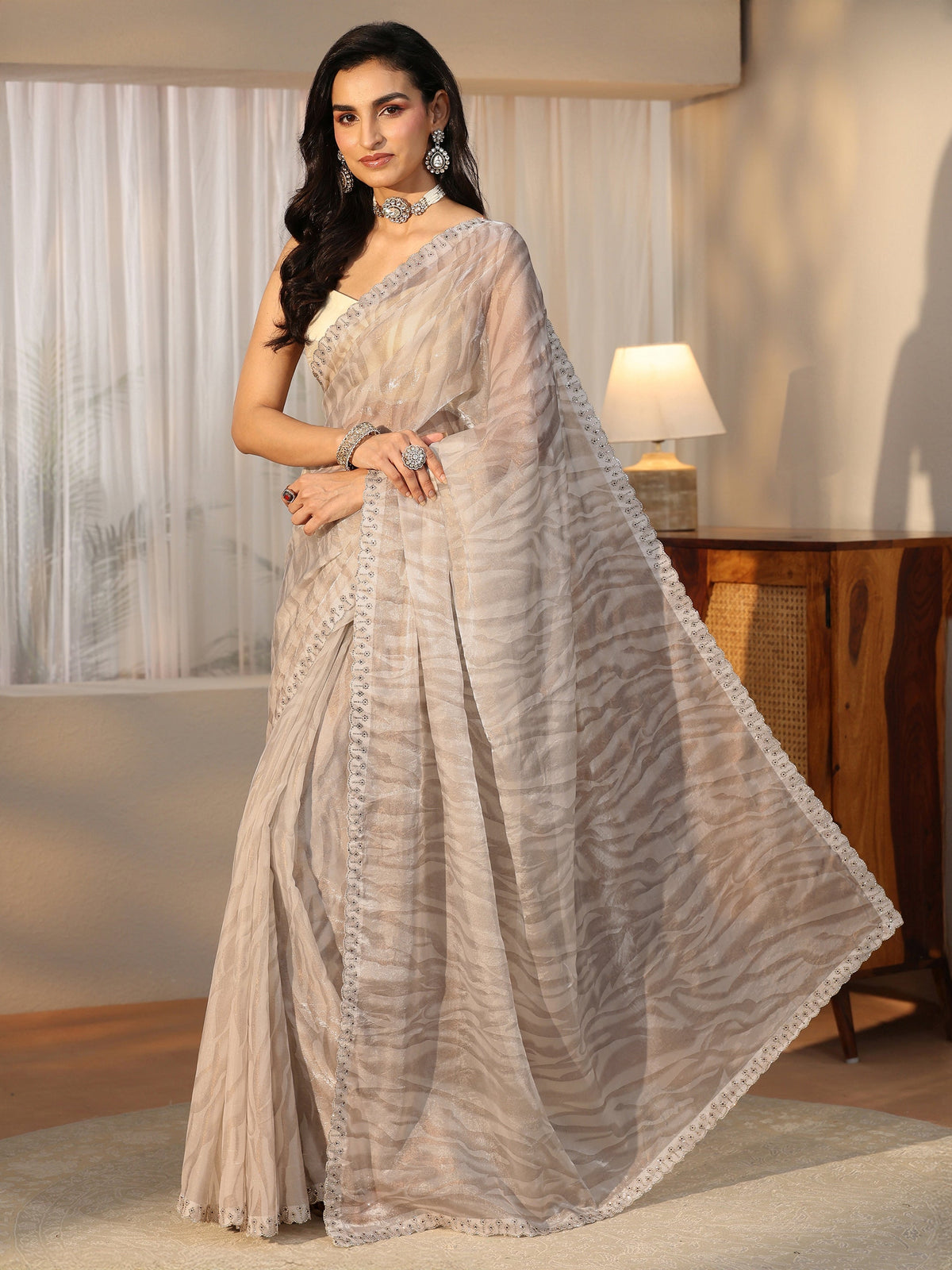 Off White Wavy Textured Tissue Saree