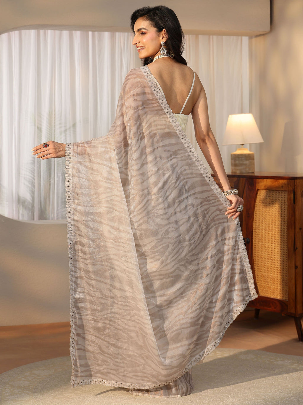 Off White Wavy Textured Tissue Saree