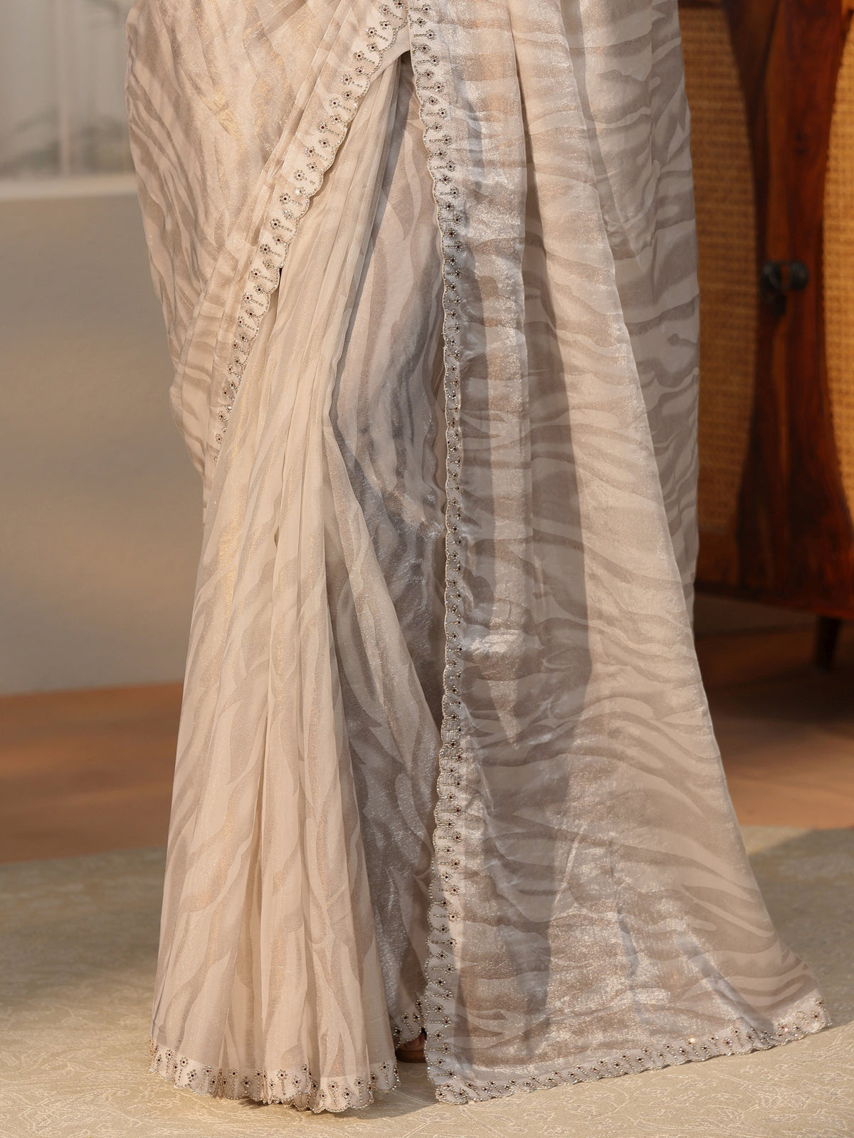 Off White Wavy Textured Tissue Saree