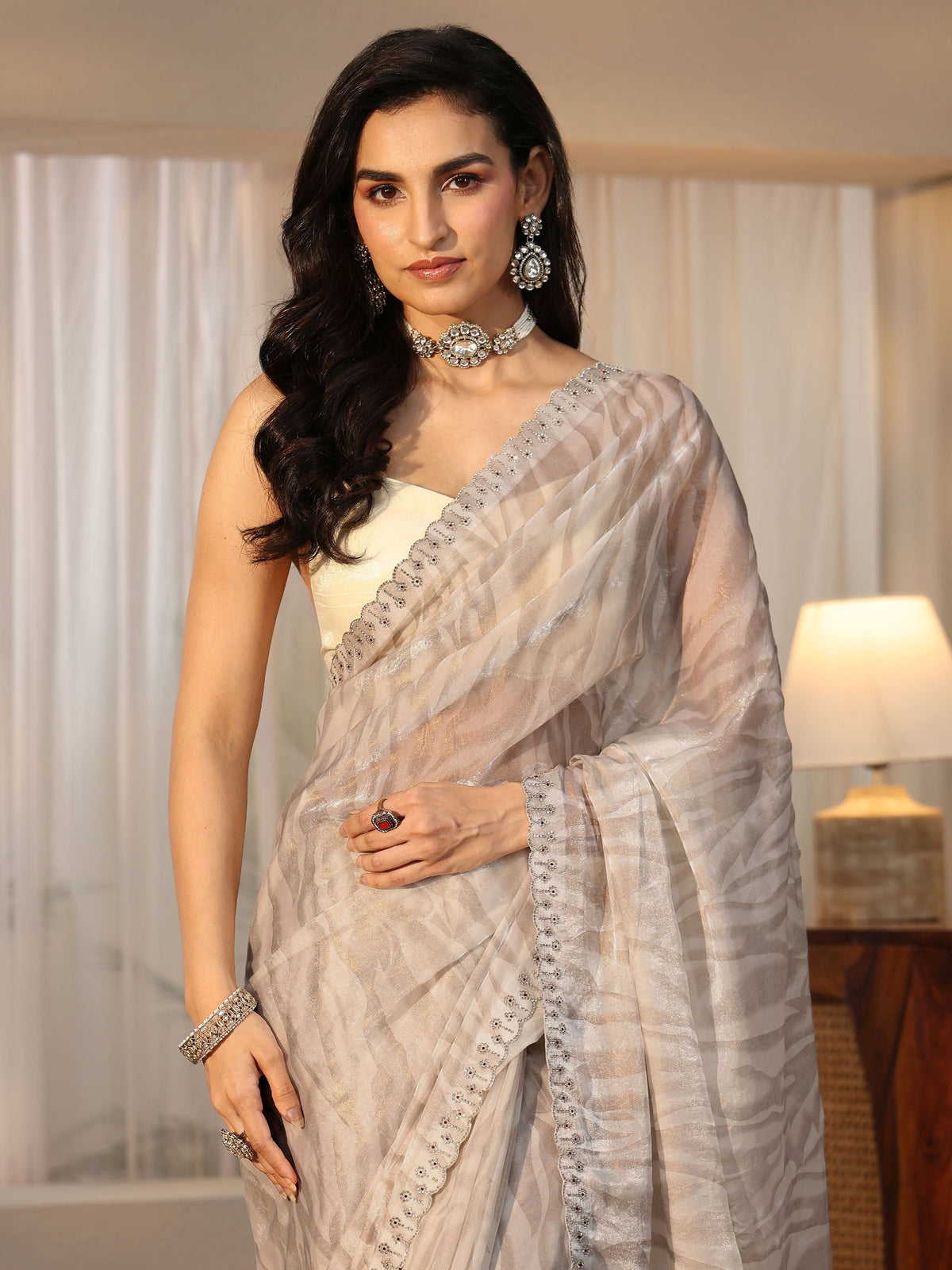 Off White Wavy Textured Tissue Saree