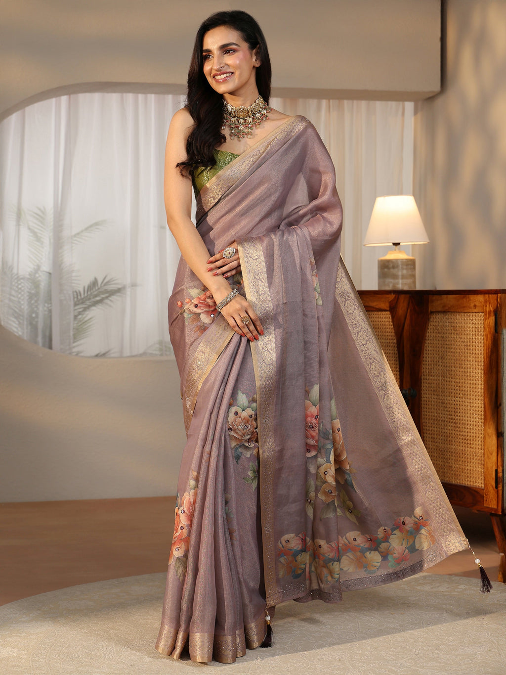 Lavender Floral Printed Silk Blend Saree with Woven Border