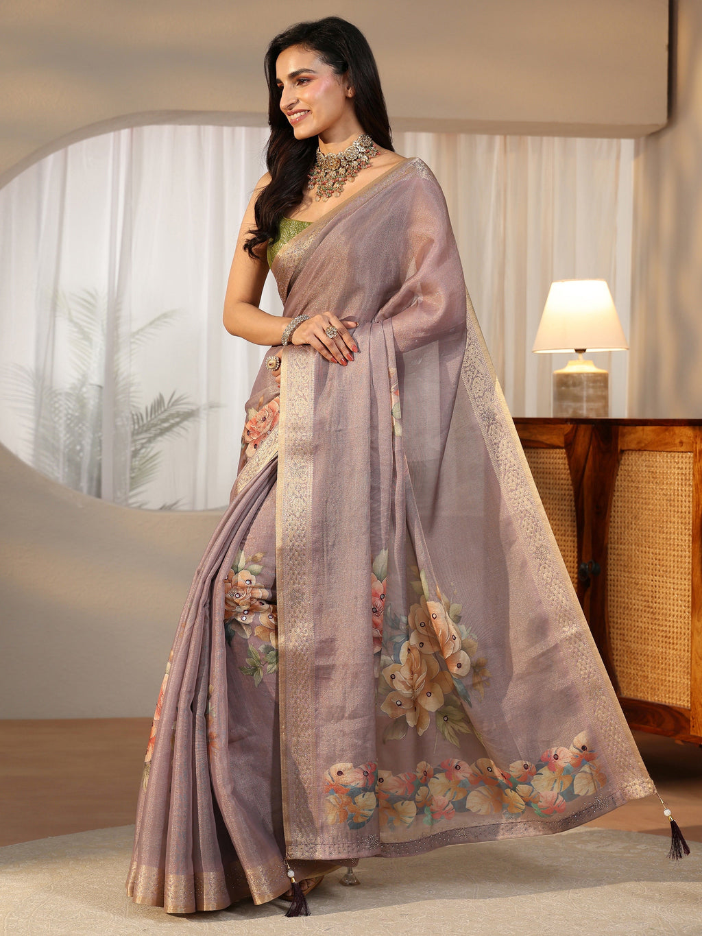 Lavender Floral Printed Silk Blend Saree with Woven Border