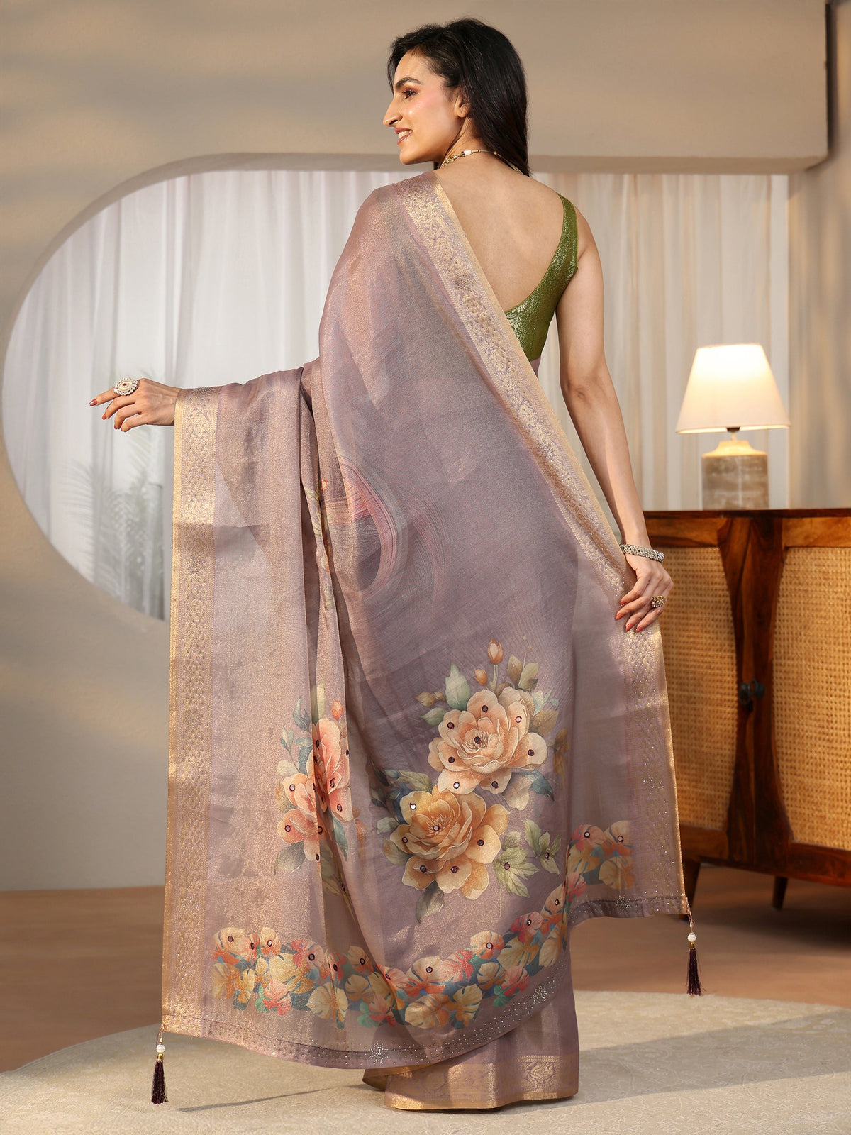 Lavender Floral Printed Silk Blend Saree with Woven Border