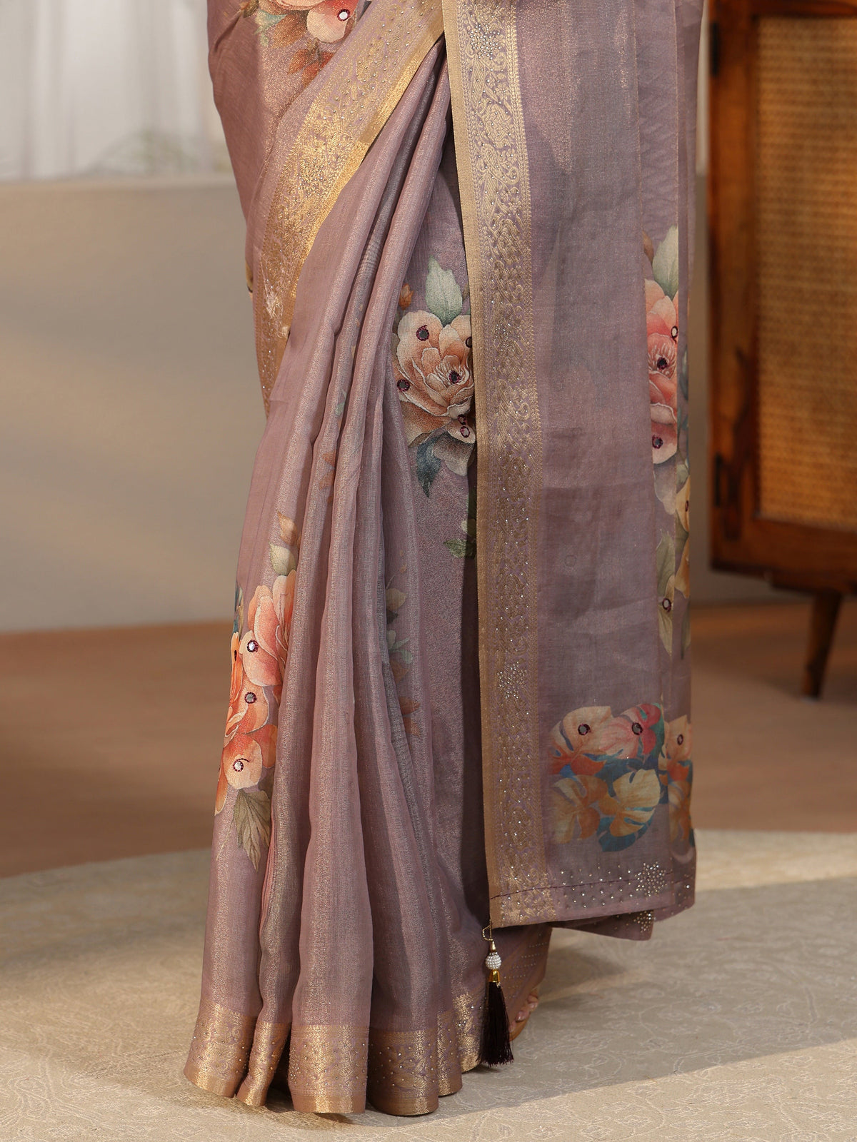 Lavender Floral Printed Silk Blend Saree with Woven Border