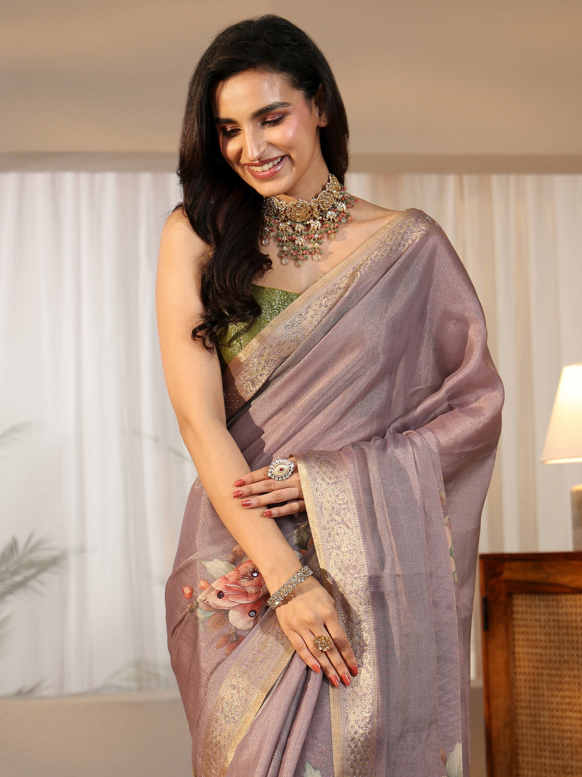 Lavender Floral Printed Silk Blend Saree with Woven Border