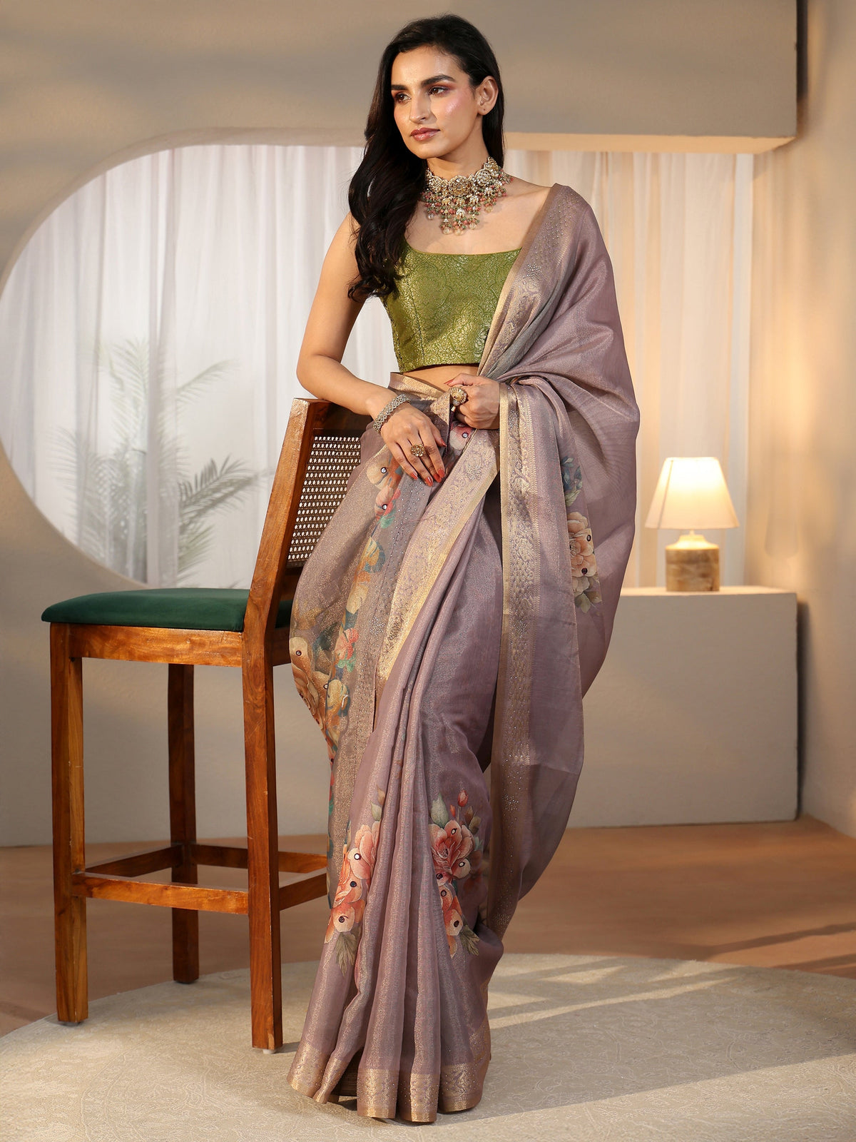 Lavender Floral Printed Silk Blend Saree with Woven Border