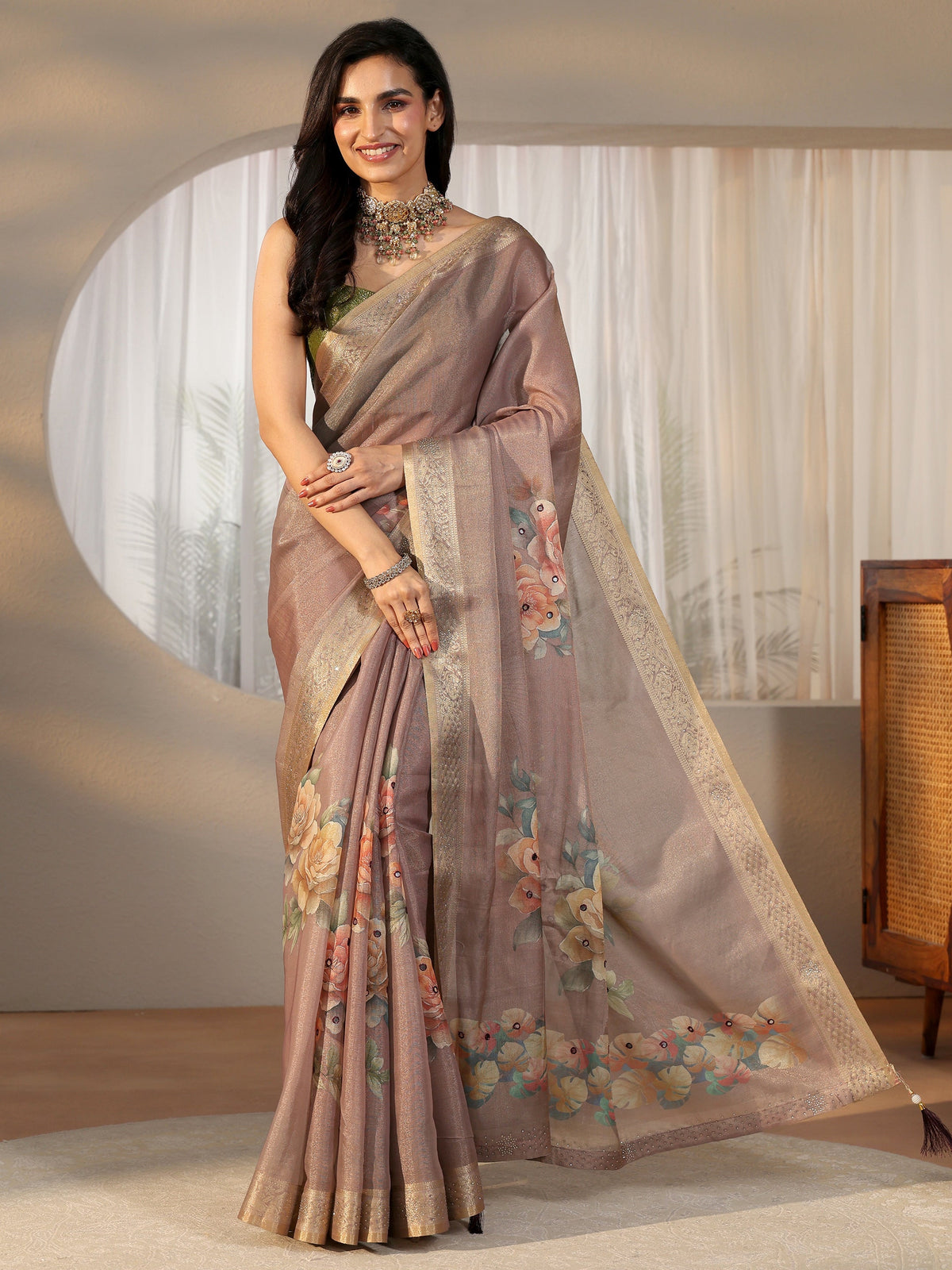 Mauve Floral Printed Silk Blend Saree with Woven Border