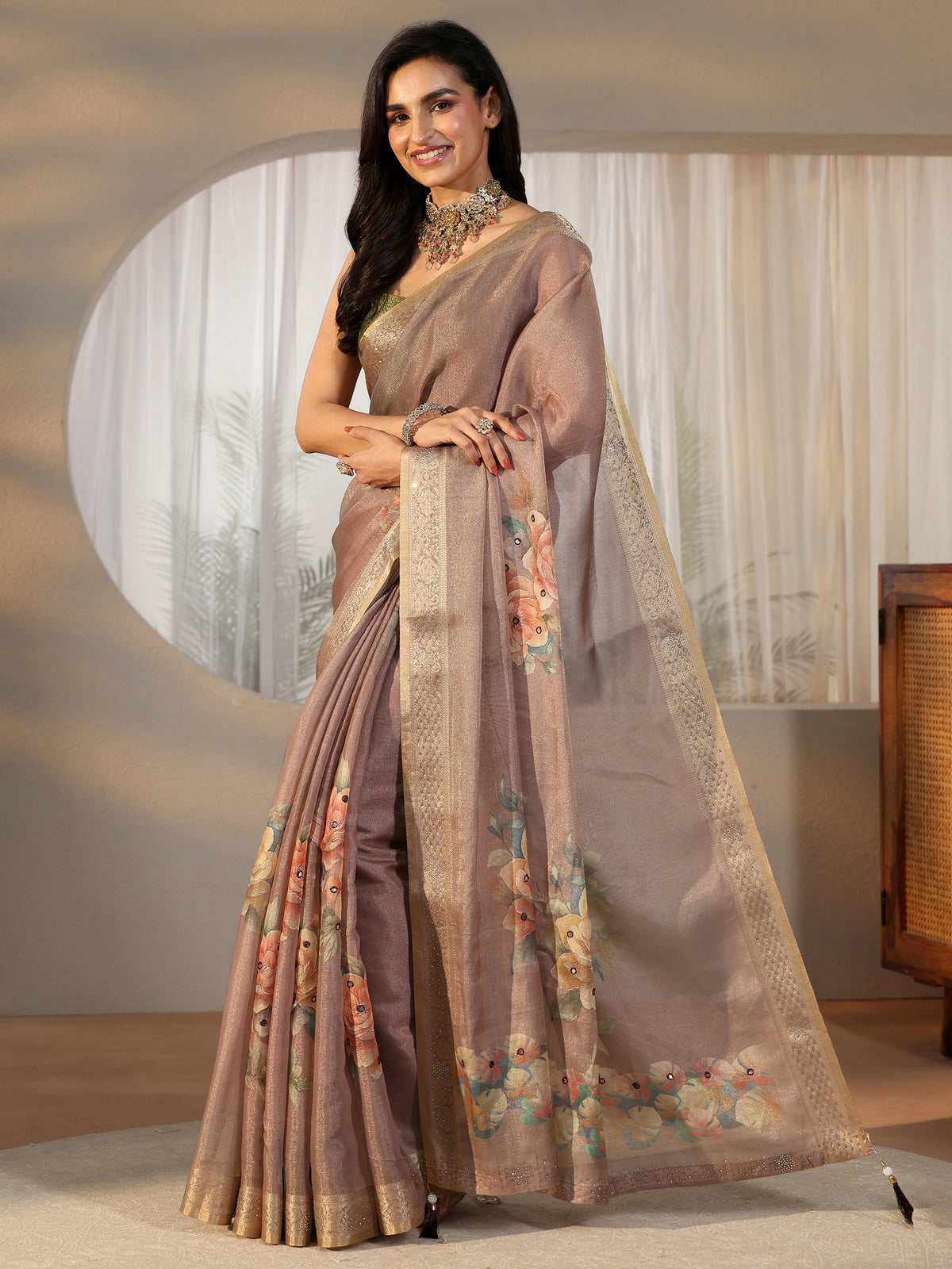 Mauve Floral Printed Silk Blend Saree with Woven Border