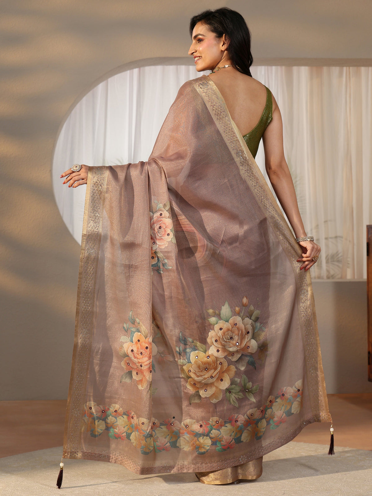 Mauve Floral Printed Silk Blend Saree with Woven Border