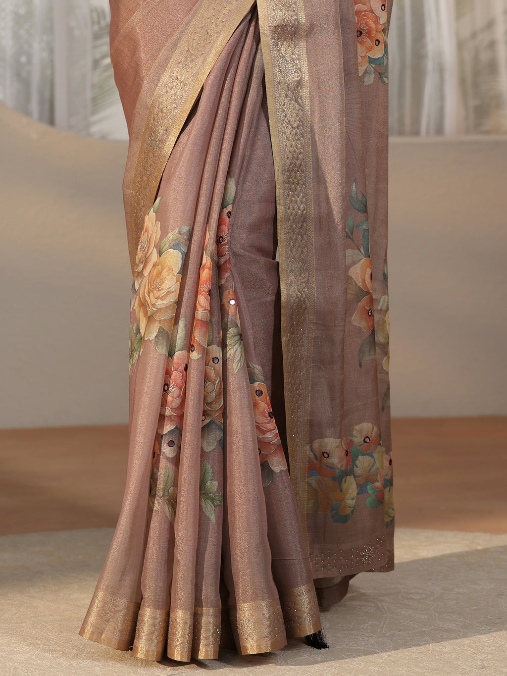 Mauve Floral Printed Silk Blend Saree with Woven Border