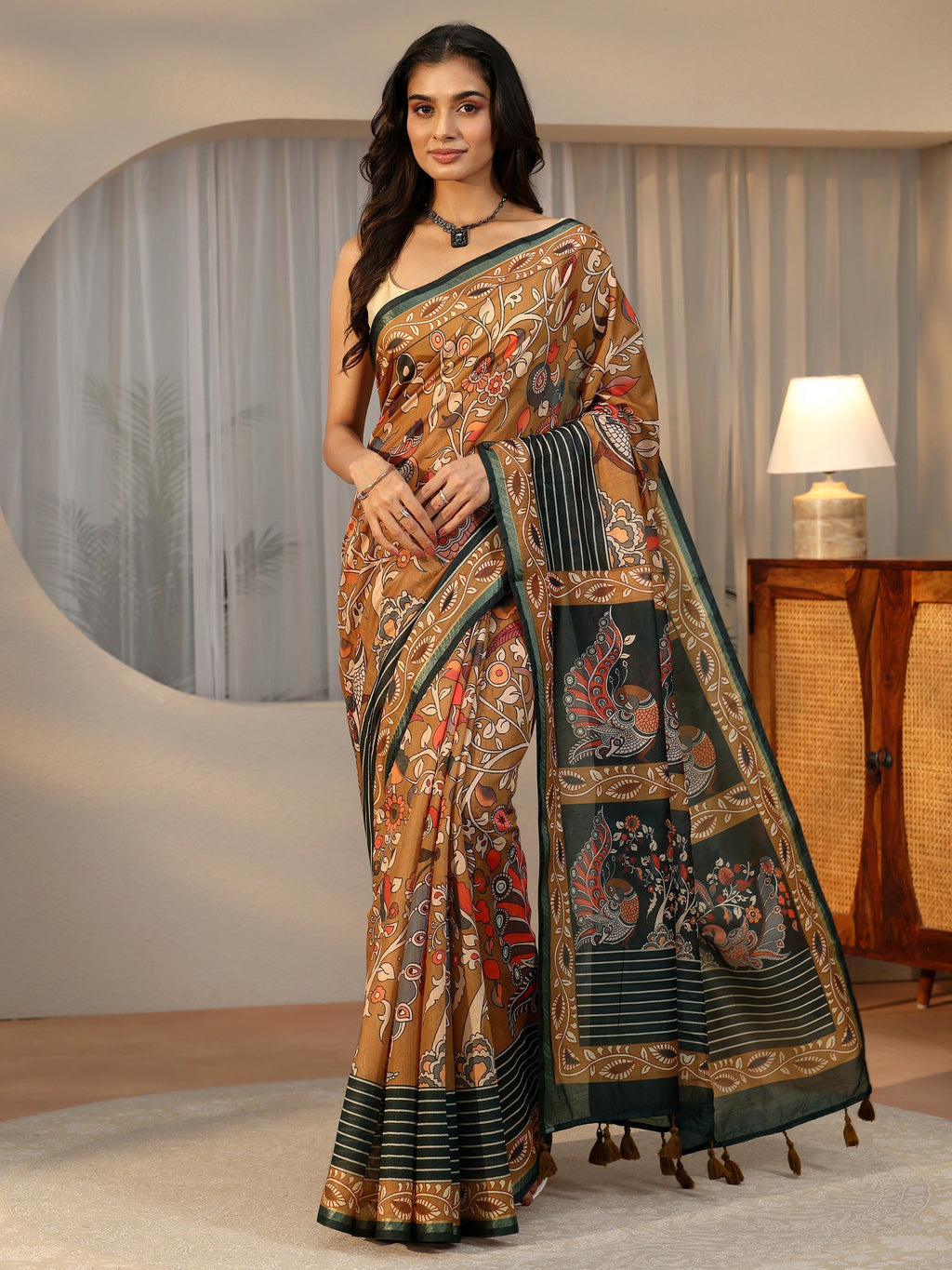 Multi Colour Kalamkari Print Cotton Blend Saree