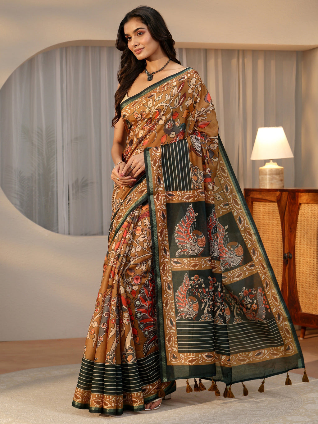 Multi Colour Kalamkari Print Cotton Blend Saree