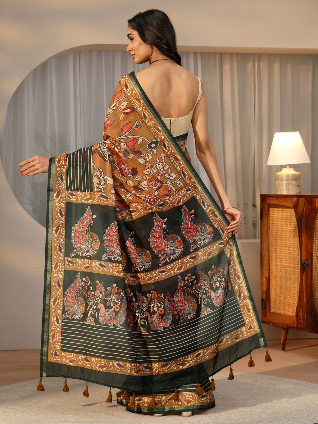 Multi Colour Kalamkari Print Cotton Blend Saree