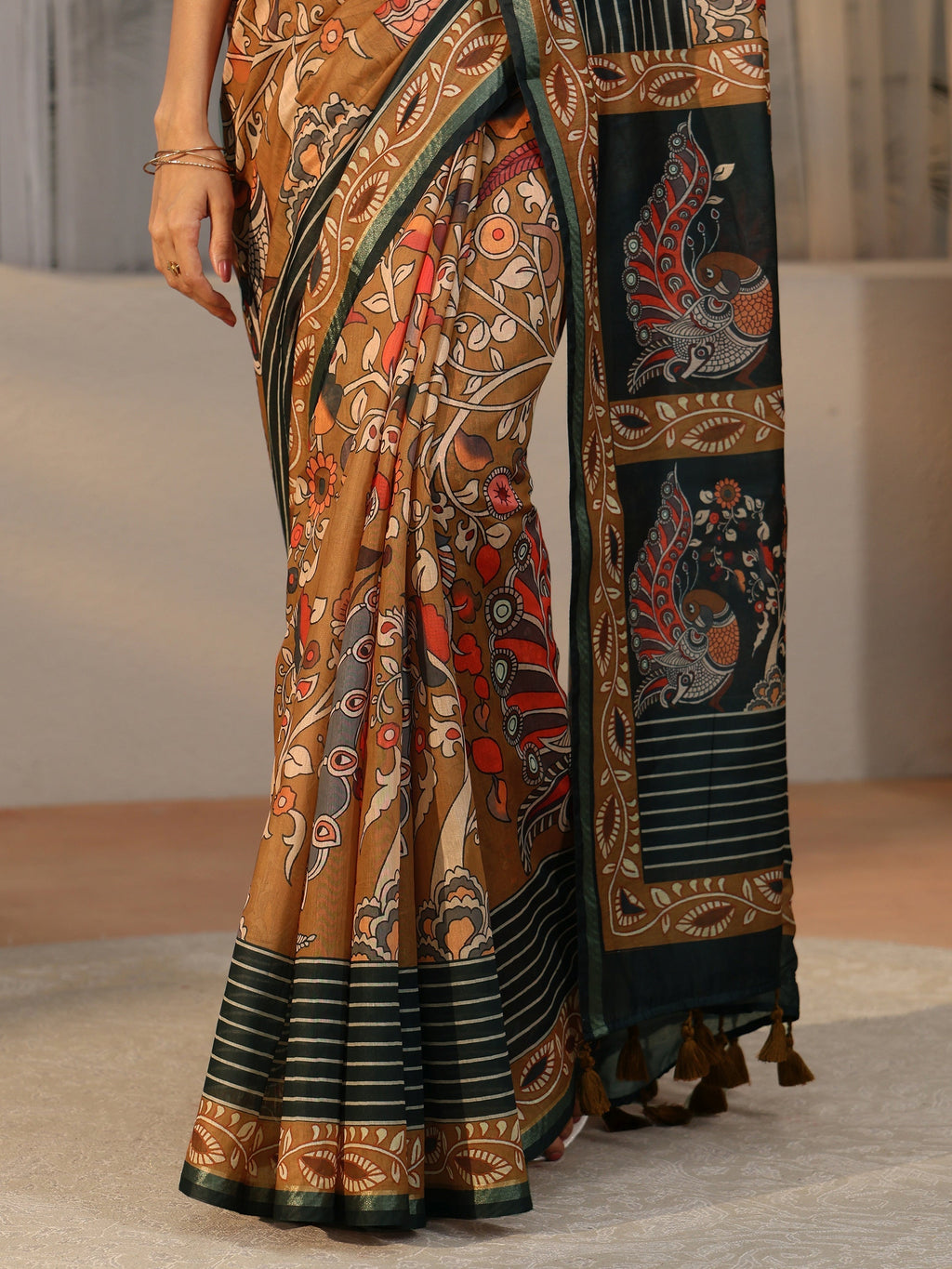 Multi Colour Kalamkari Print Cotton Blend Saree