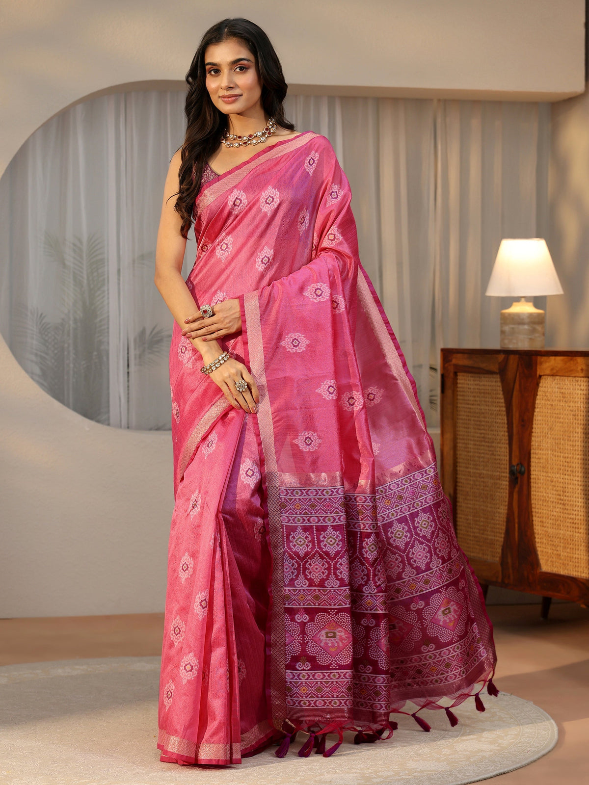 Rani Pink Woven Design Silk Blend Saree