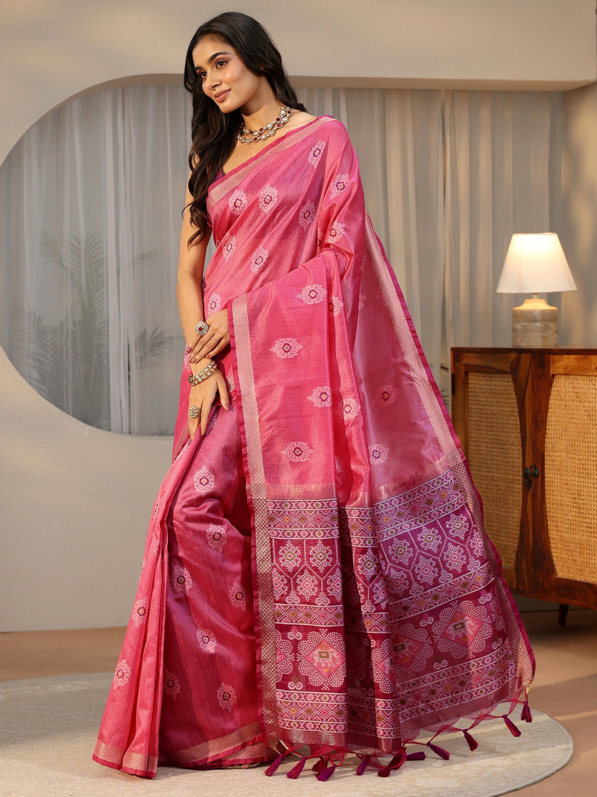 Rani Pink Woven Design Silk Blend Saree