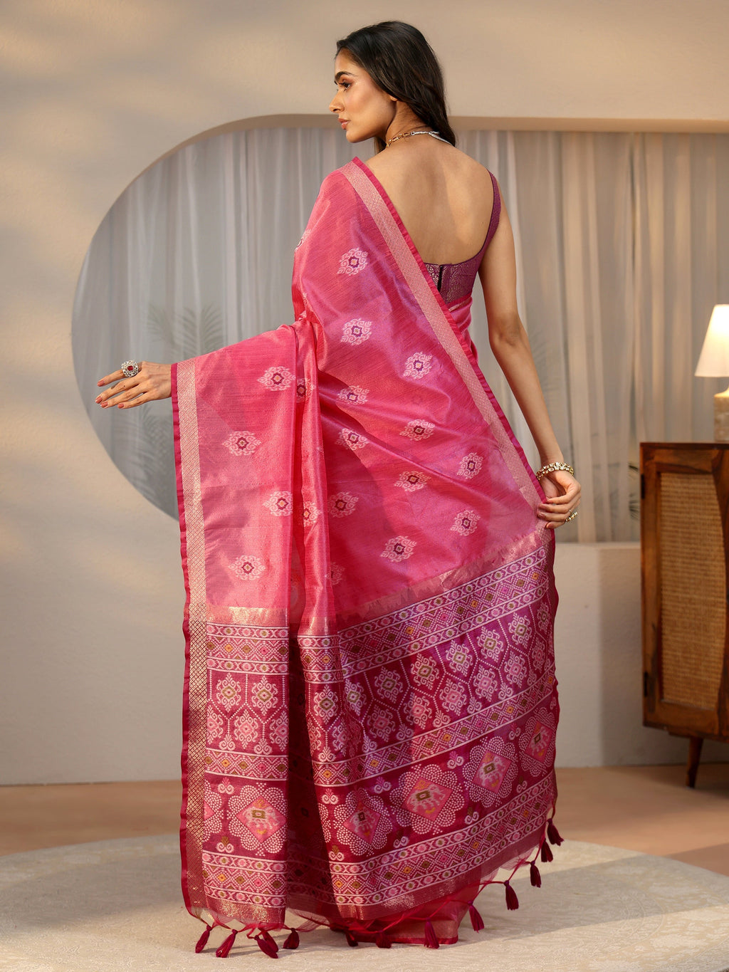 Rani Pink Woven Design Silk Blend Saree