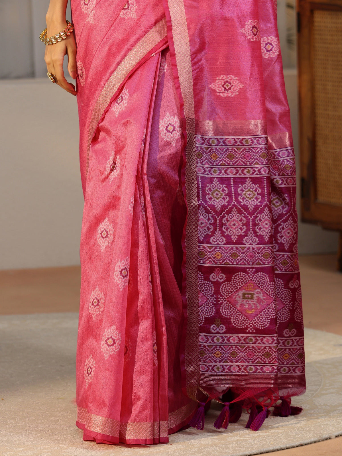 Rani Pink Woven Design Silk Blend Saree