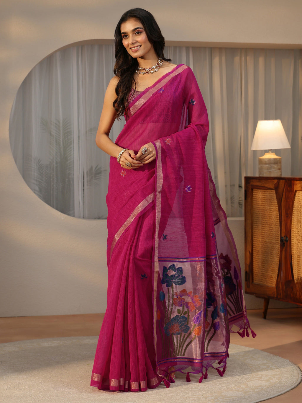 Rani Pink Woven Design Floral Pallu Silk Blend Saree