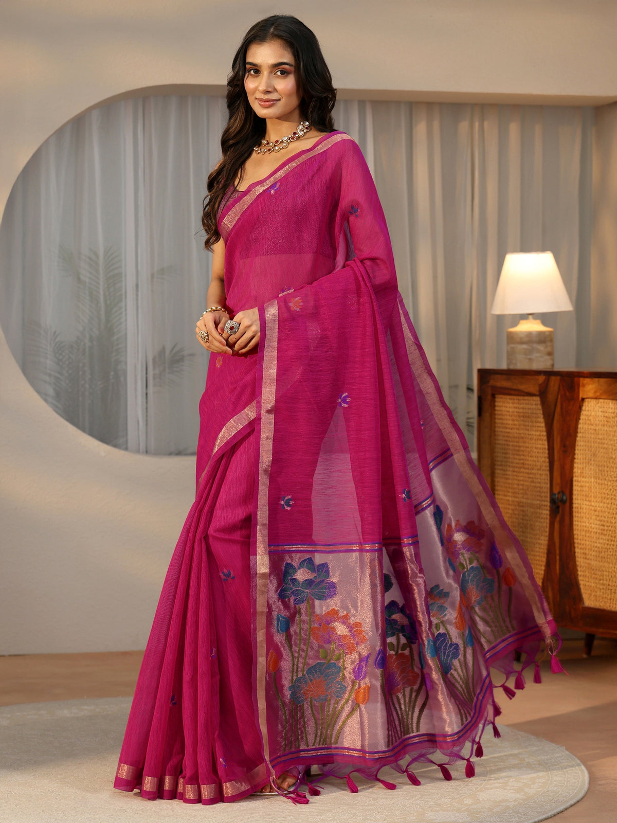 Rani Pink Woven Design Floral Pallu Silk Blend Saree