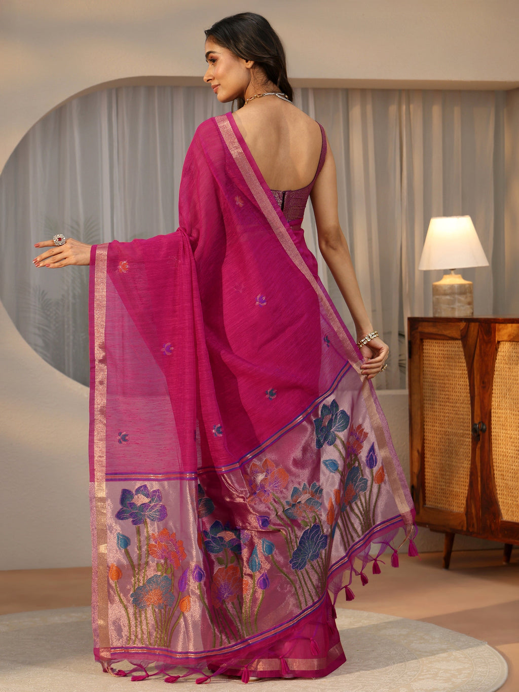 Rani Pink Woven Design Floral Pallu Silk Blend Saree