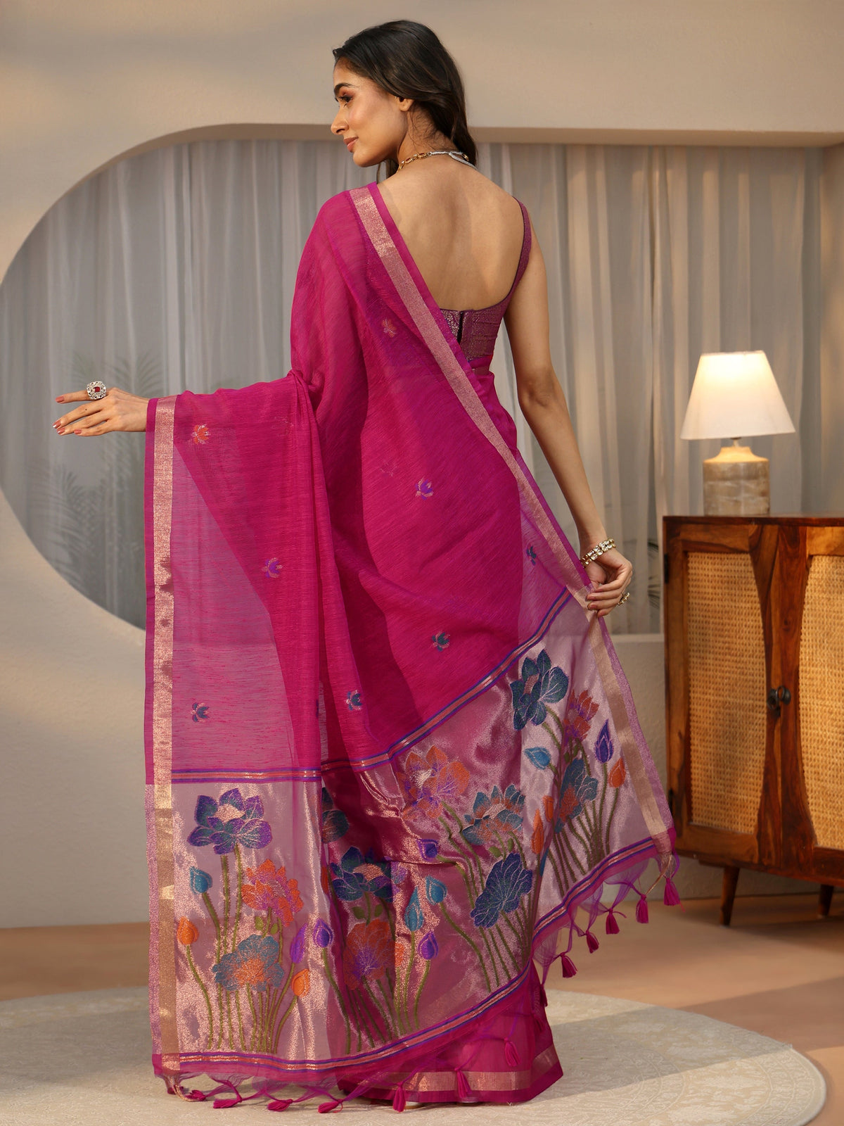 Rani Pink Woven Design Floral Pallu Silk Blend Saree