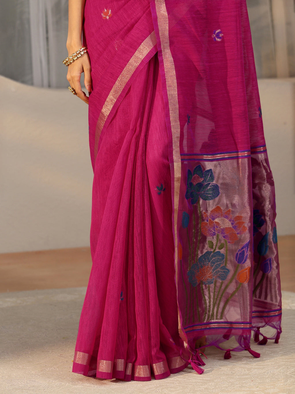Rani Pink Woven Design Floral Pallu Silk Blend Saree