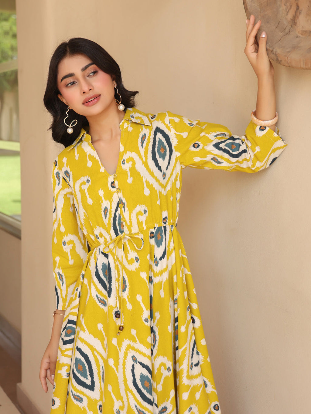 Womens Printed Shirt Collar Fit & Flare Ethnic Dresses