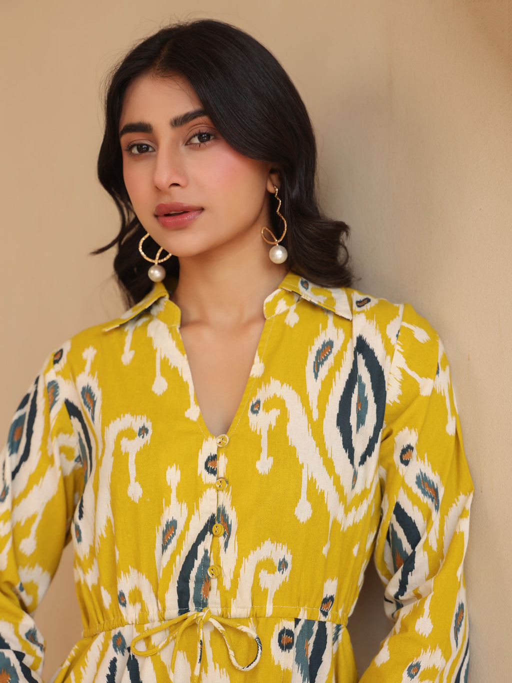 Womens Printed Shirt Collar Fit & Flare Ethnic Dresses