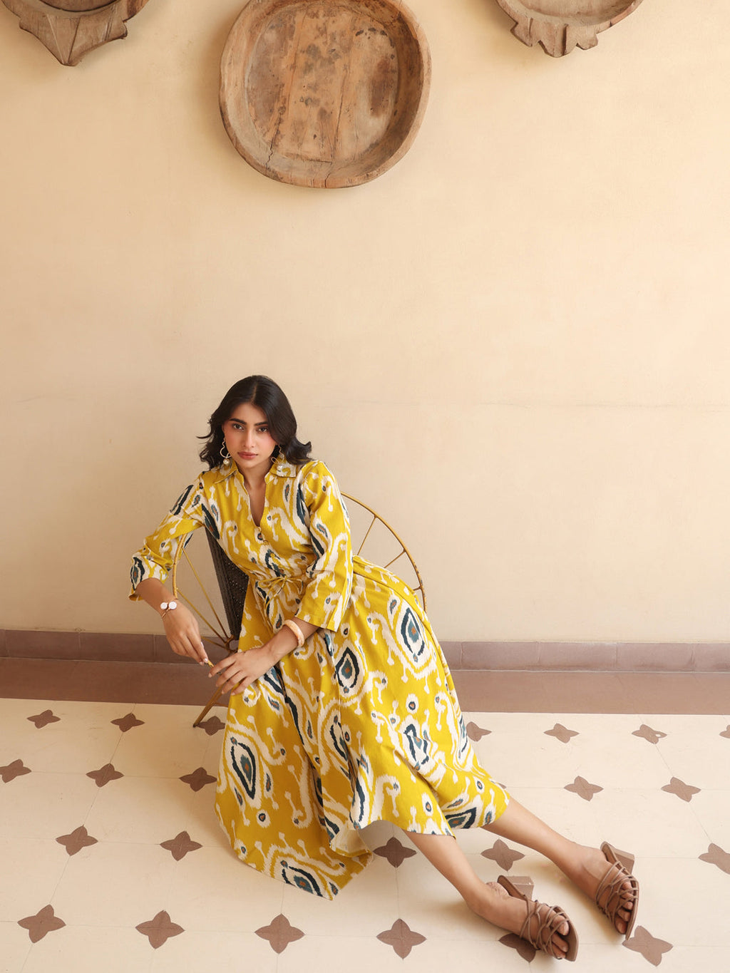 Womens Printed Shirt Collar Fit & Flare Ethnic Dresses