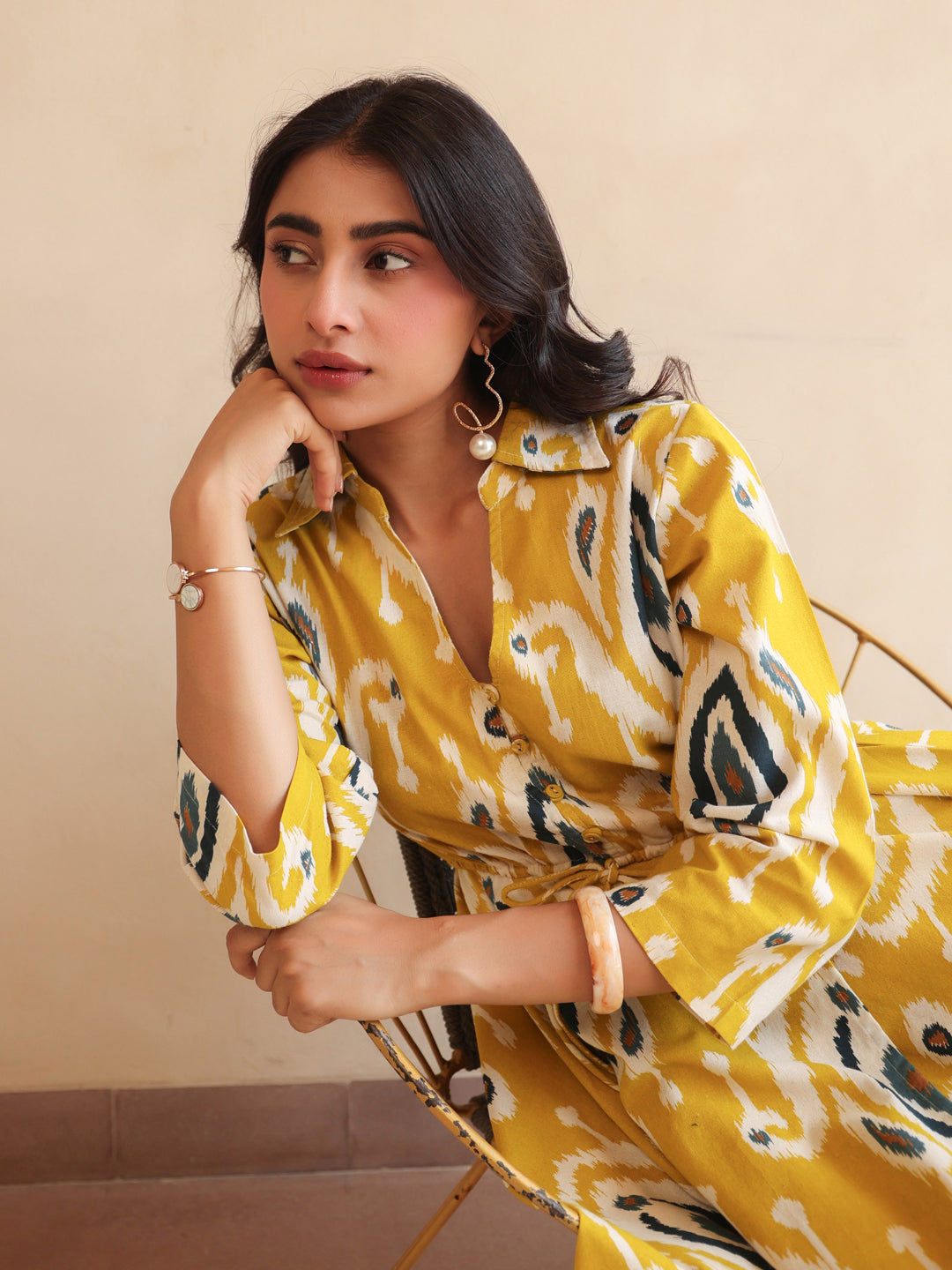 Womens Printed Shirt Collar Fit & Flare Ethnic Dresses