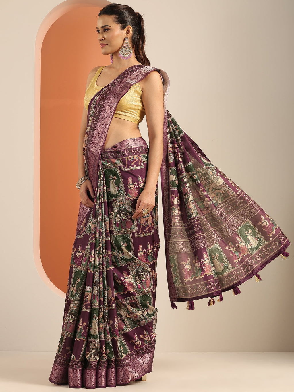 Burgundy Kalamkari Printed Silk Blend Saree With Unstitched Blouse Piece