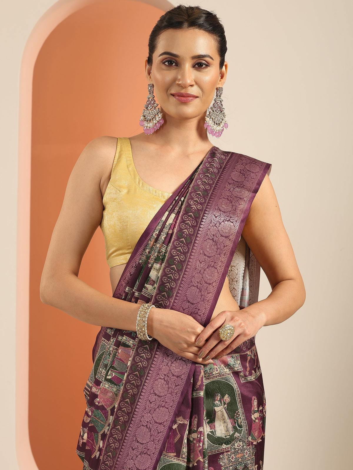 Burgundy Kalamkari Printed Silk Blend Saree With Unstitched Blouse Piece