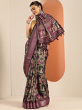 Burgundy Kalamkari Printed Silk Blend Saree With Unstitched Blouse Piece